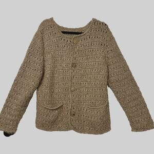 Vtg Chunky Knit Wool Cardigan Sweater Handmade Wood Buttons Soft Cozy Granola
